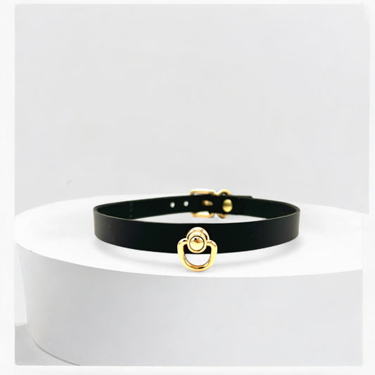 Black Italian Buttero leather middle O-Link choker with gold hardware