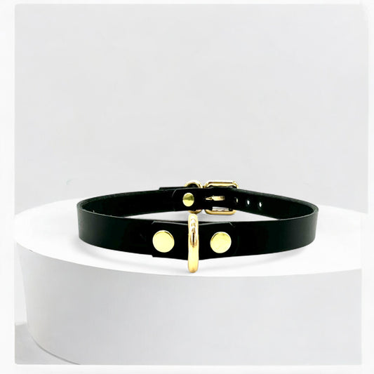 Close-up of black Italian leather Mini D-Ring Choker, polished detail with gold hardware