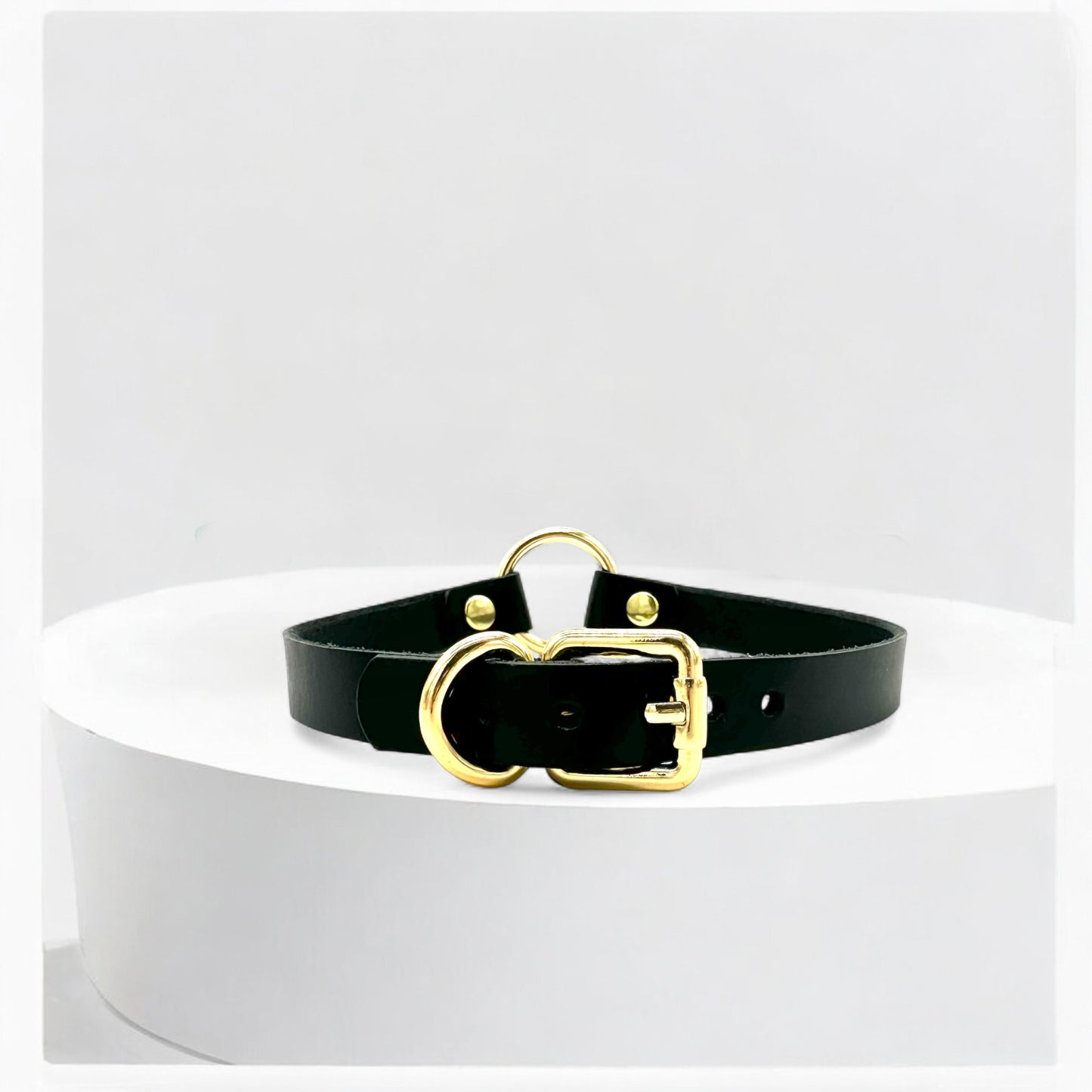 Flatlay black O-Ring leather choker with gold hardware