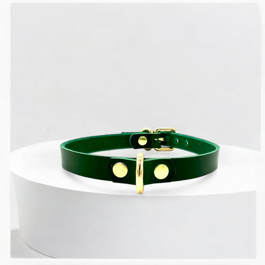 Close-up of green Italian leather Mini D-Ring Choker with gold detail