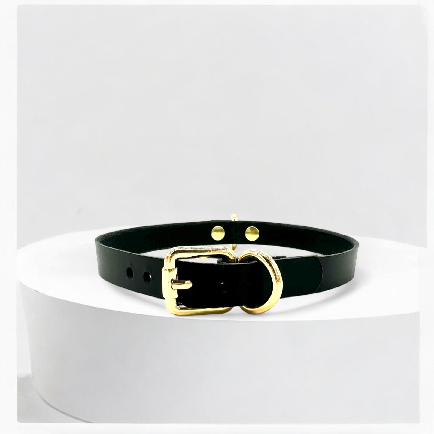 Model wearing black Mini D-Ring Leather Choker with silver detail