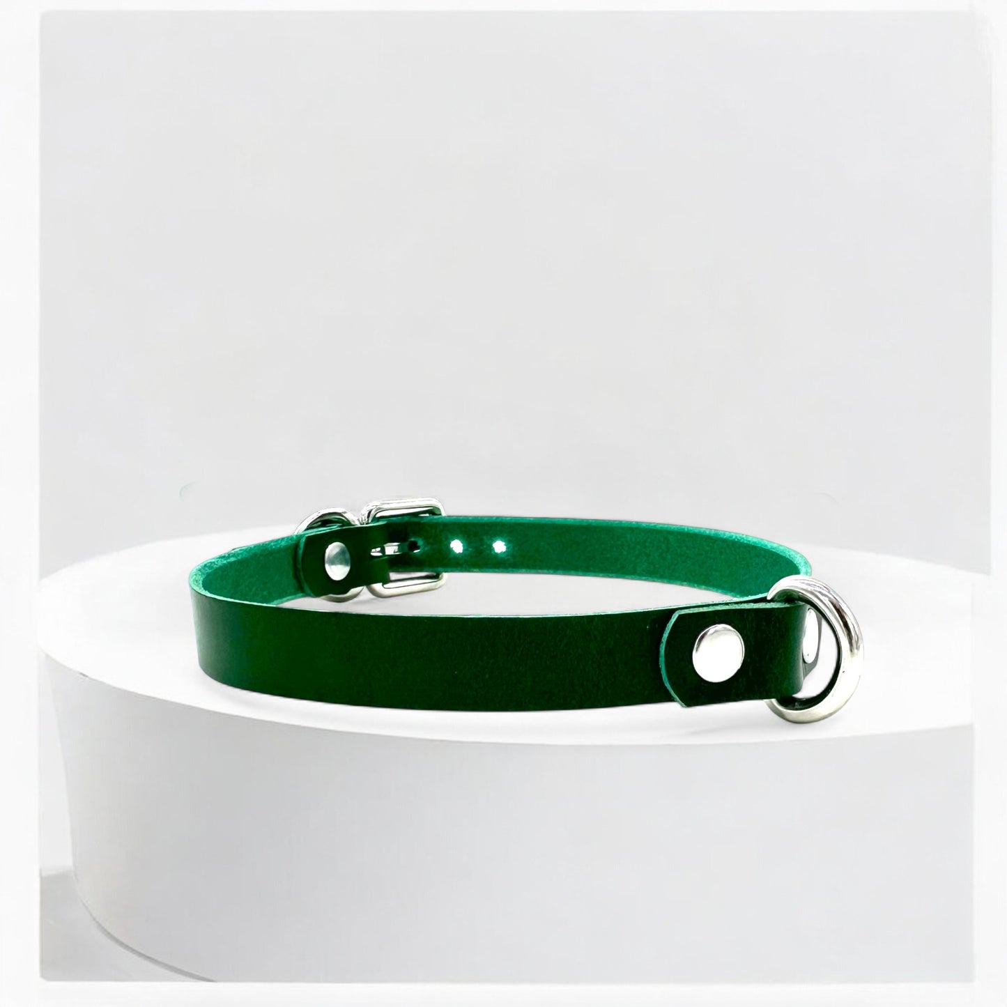 Adjustable green leather choker with mini D-ring, handmade in New Jersey