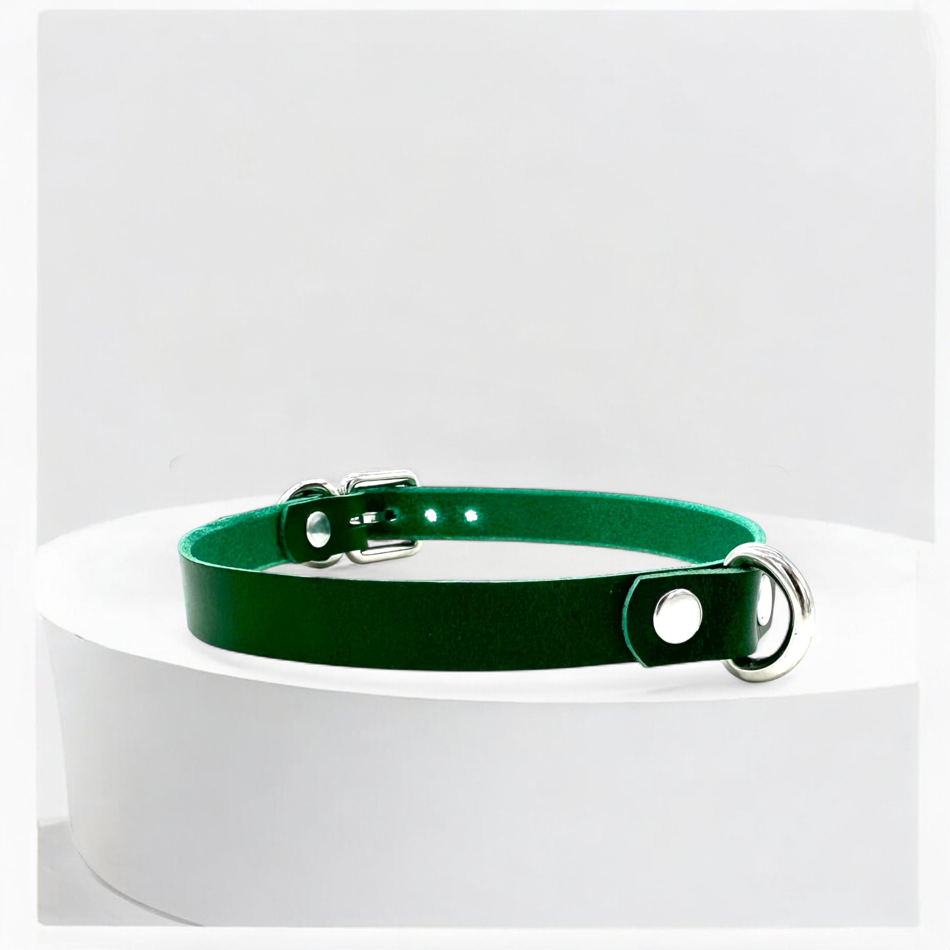 Adjustable green leather choker with mini D-ring, handmade in New Jersey