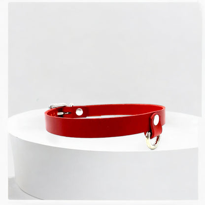 Adjustable red leather choker with drop mini D-ring, handmade in New Jersey