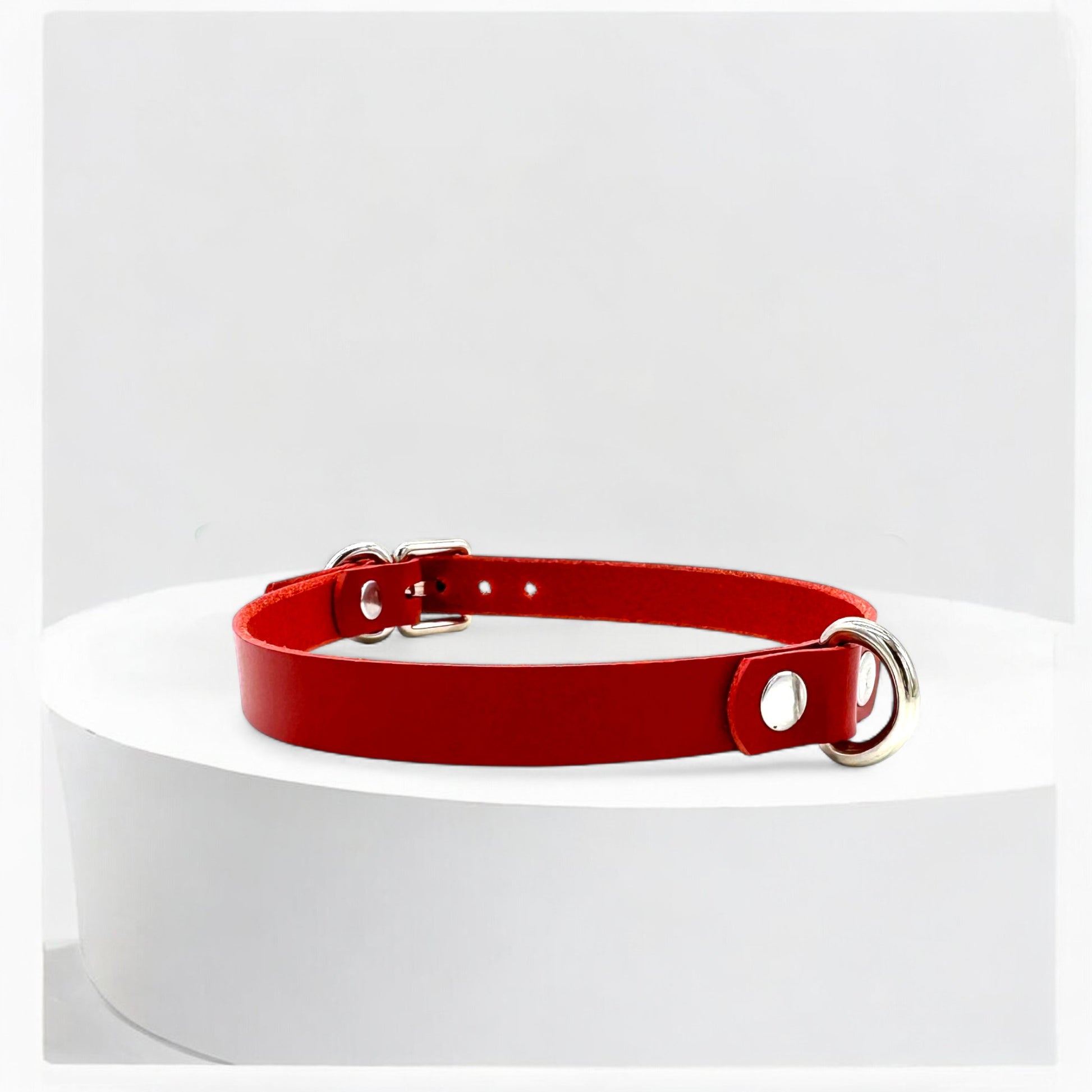 Adjustable red leather choker with mini D-ring, handmade in New Jersey
