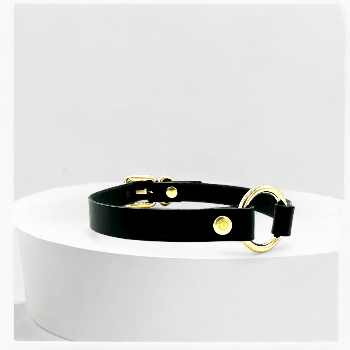 Angled view black O-Ring leather choker with gold hardware detail