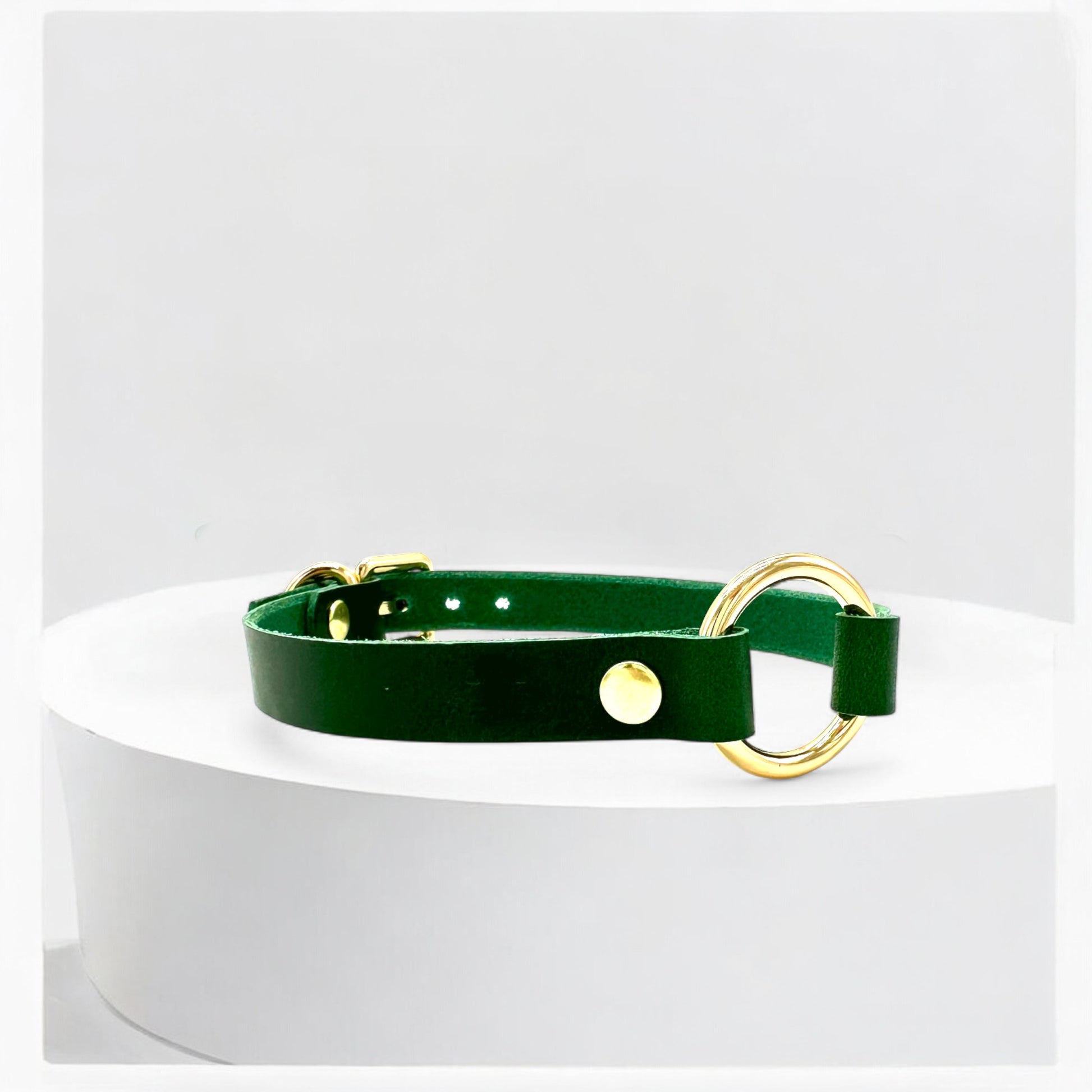 Angled view green O-Ring leather choker with gold hardware detail