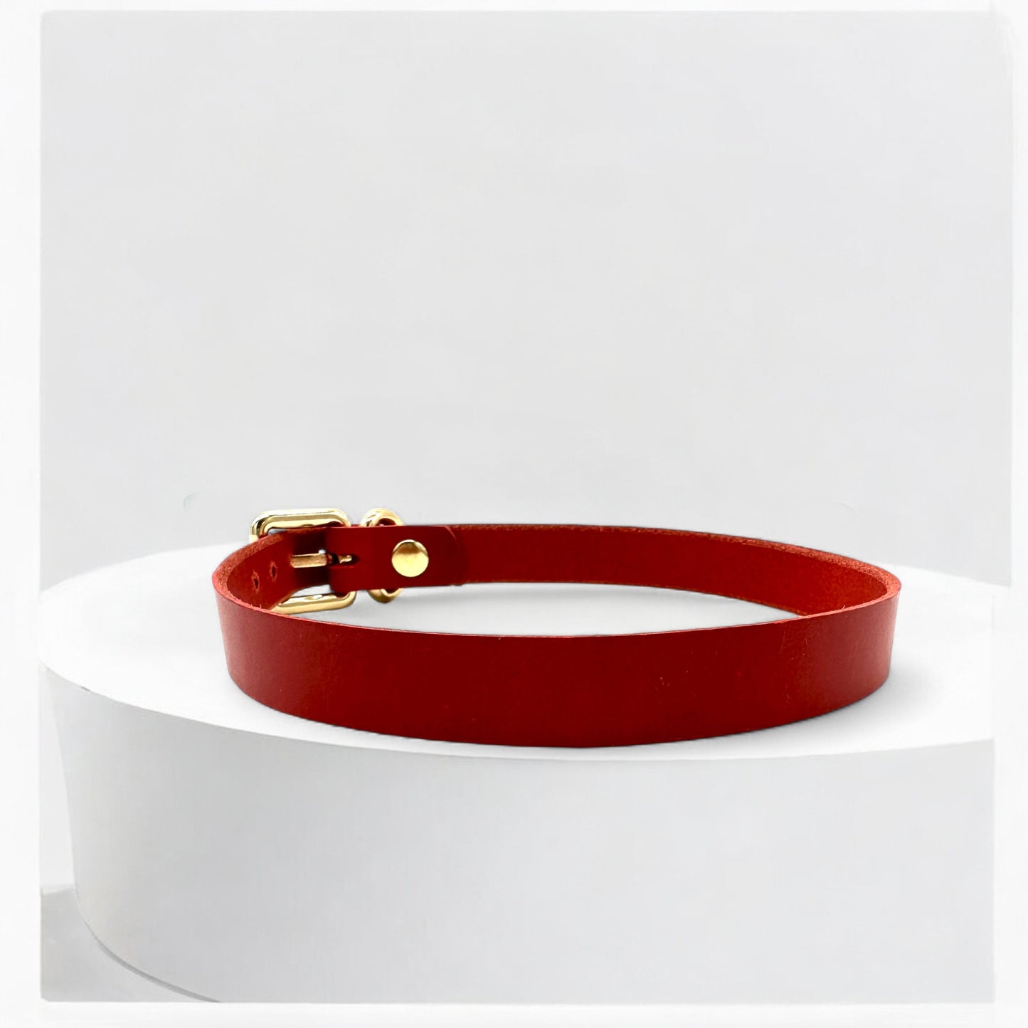 Angled view red leather classic buckle choker with gold hardware