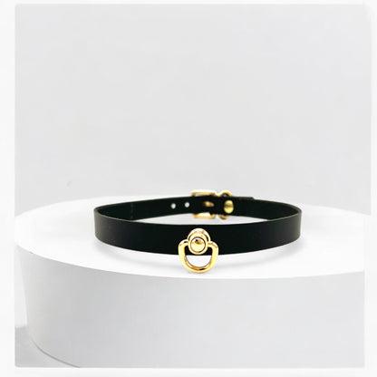 Black Italian Buttero leather middle O-Link choker with gold hardware