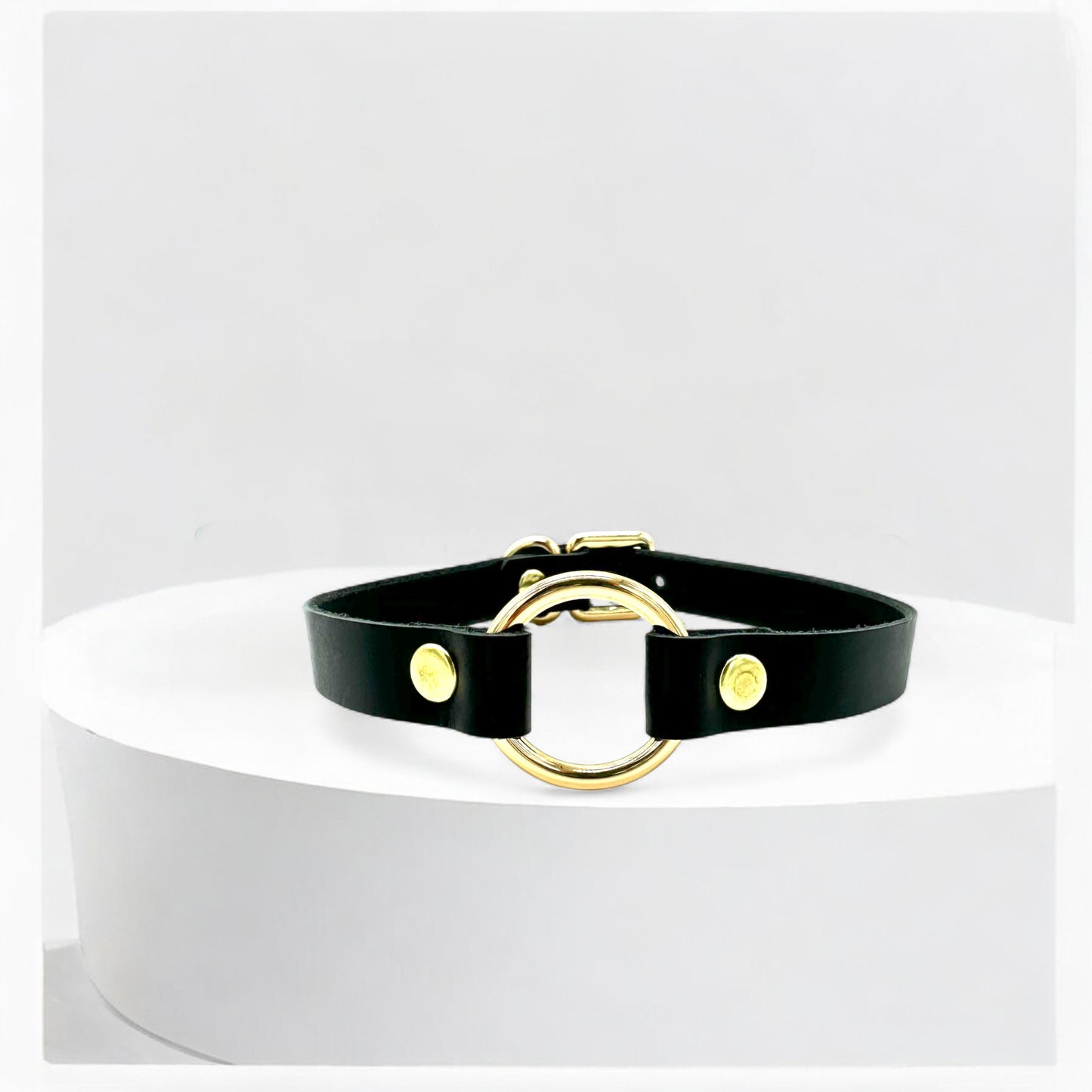 Black Italian Buttero leather O-Ring choker with gold hardware