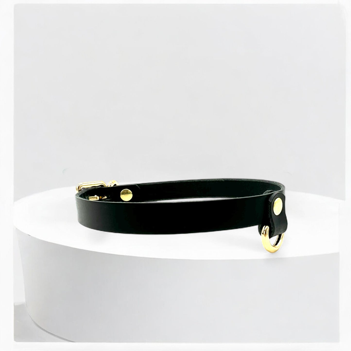 Side view of black Drop Mini D-Ring Leather Choker, slim and minimal design