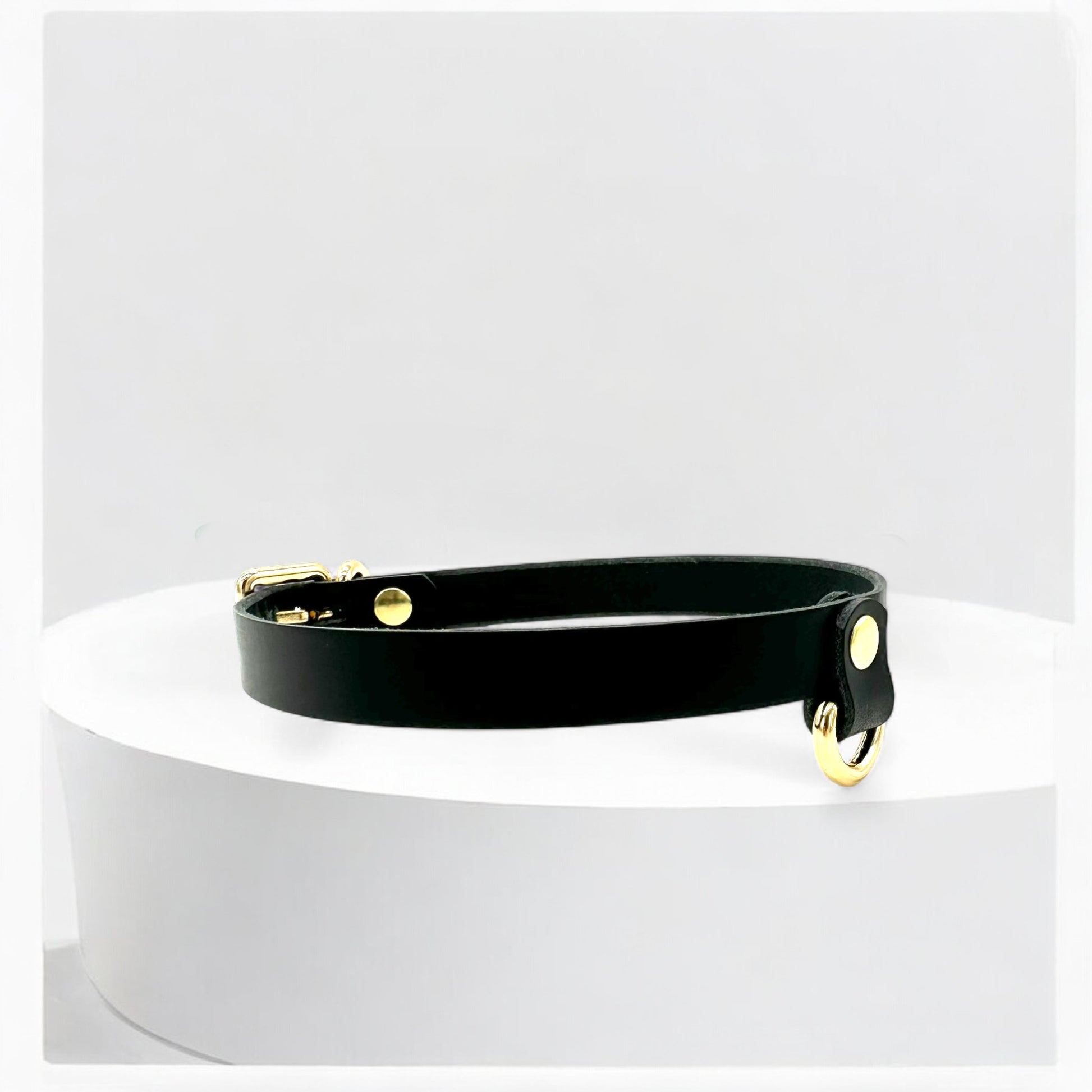 Side view of black Drop Mini D-Ring Leather Choker, slim and minimal design