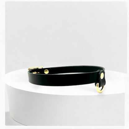 Side view of black Drop Mini D-Ring Leather Choker, slim and minimal design