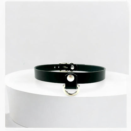 Black Drop Mini D-Ring Leather Choker with silver hardware, handmade in USA