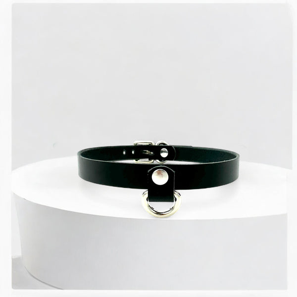 Black Drop Mini D-Ring Leather Choker with silver hardware, handmade in USA