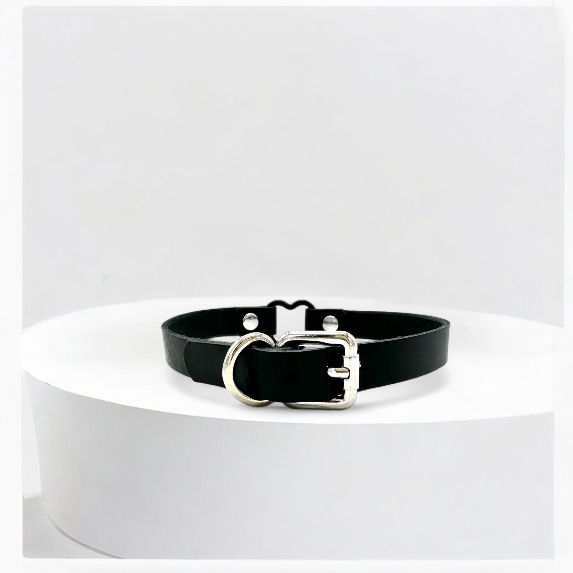 Black leather heart choker with silver buckle strap