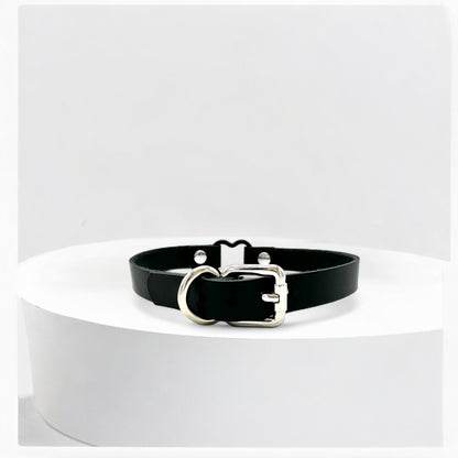 Black leather heart choker with silver buckle strap