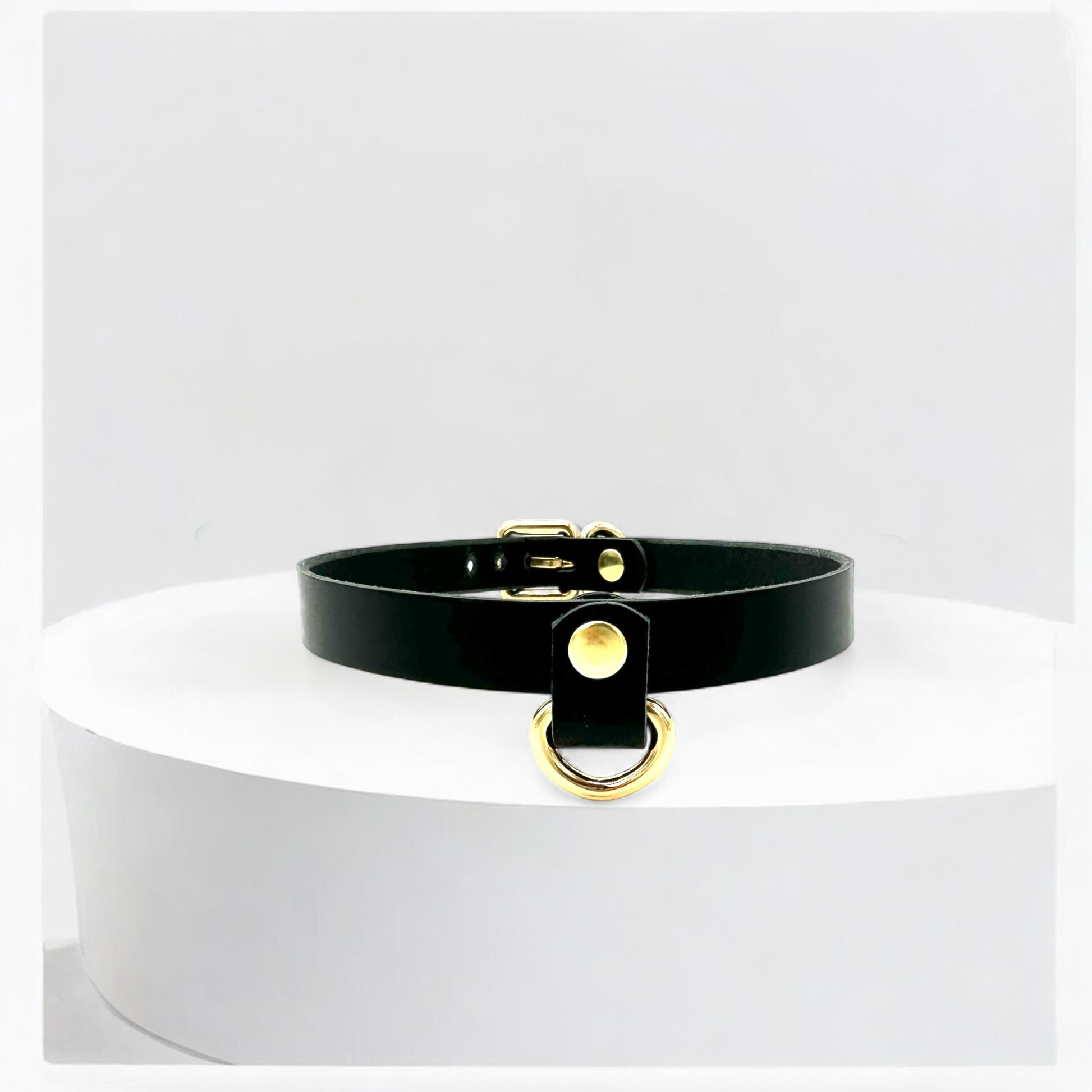 Close-up of black Italian leather Drop Mini D-Ring Choker with silver details