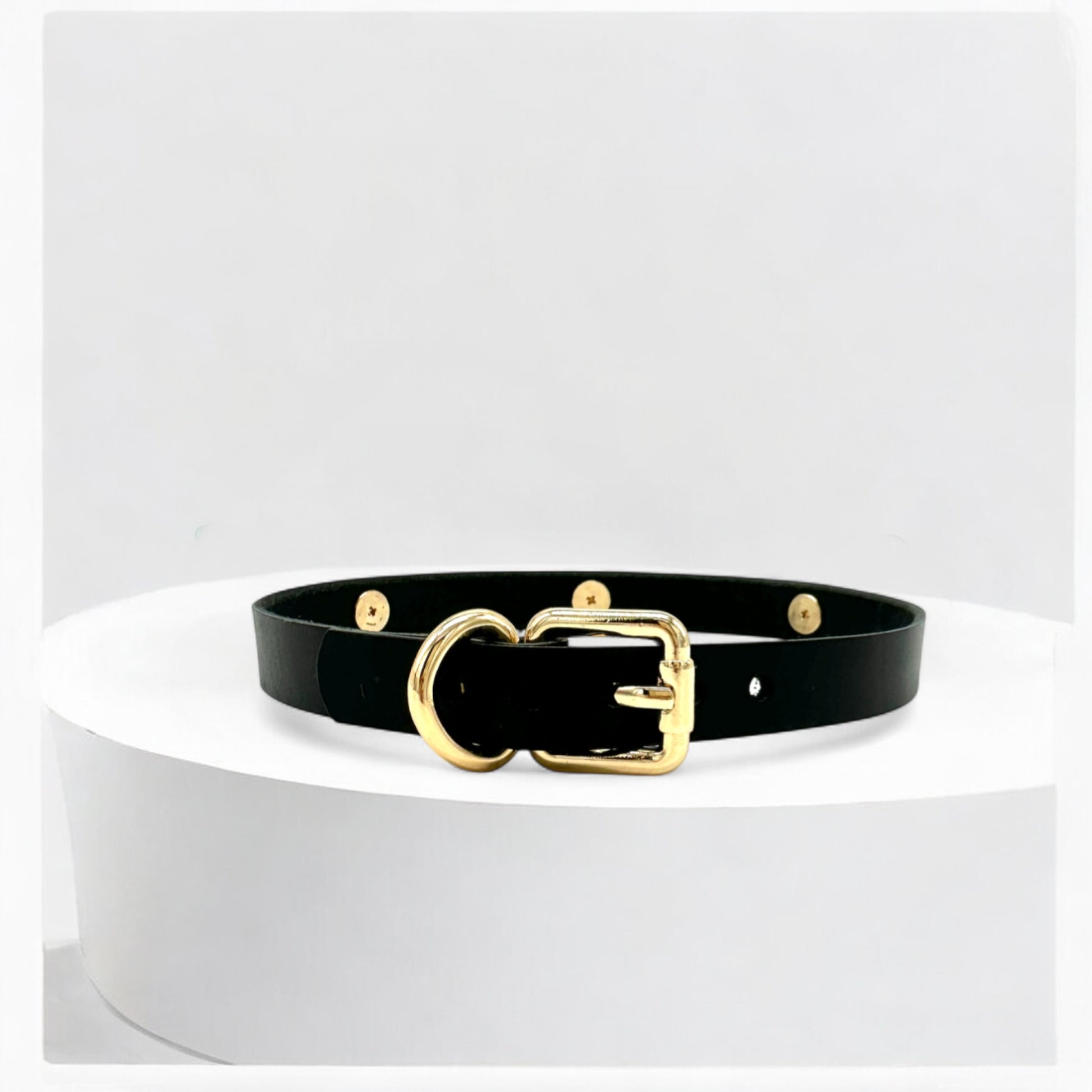 Back view of black choker with gold buckle and rivets

