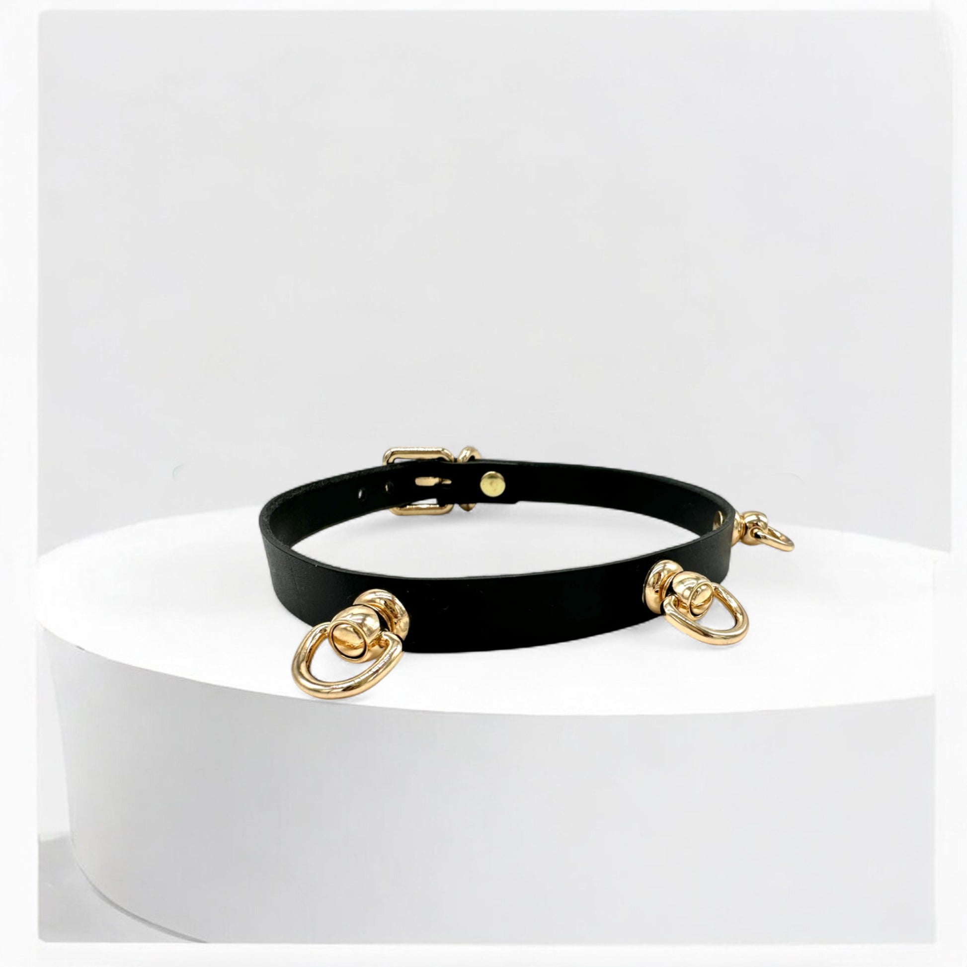 Side view of black leather choker with three gold O-rings

