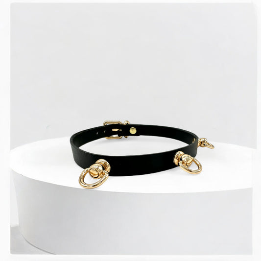 Side view of black leather choker with three gold O-rings

