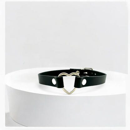 Black Italian leather heart choker with silver heart hardware