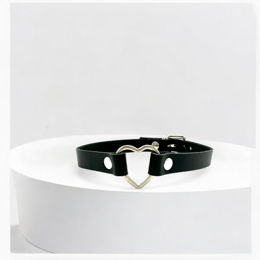 Black Italian leather heart choker with silver heart hardware
