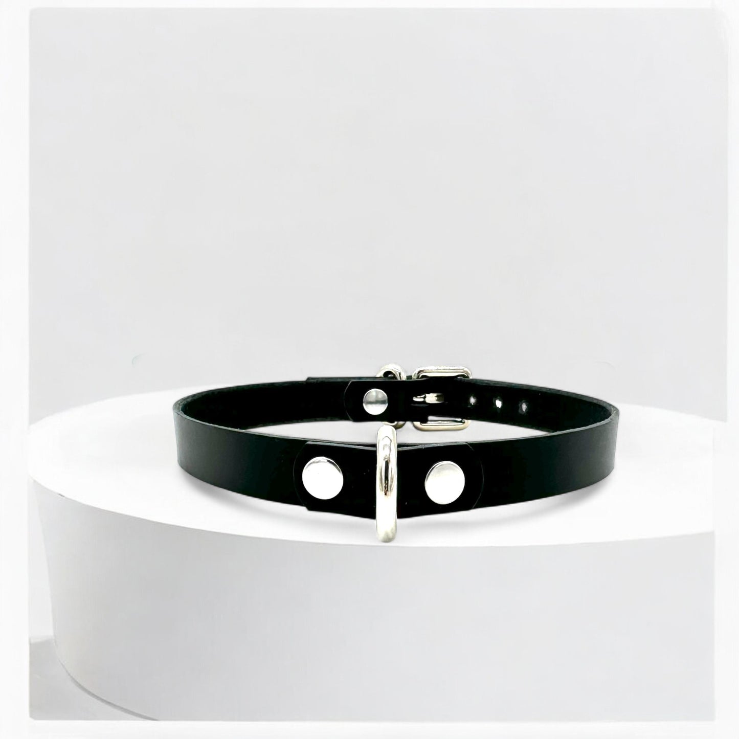 Black Mini D-Ring Leather Choker with silver hardware, handmade in USA