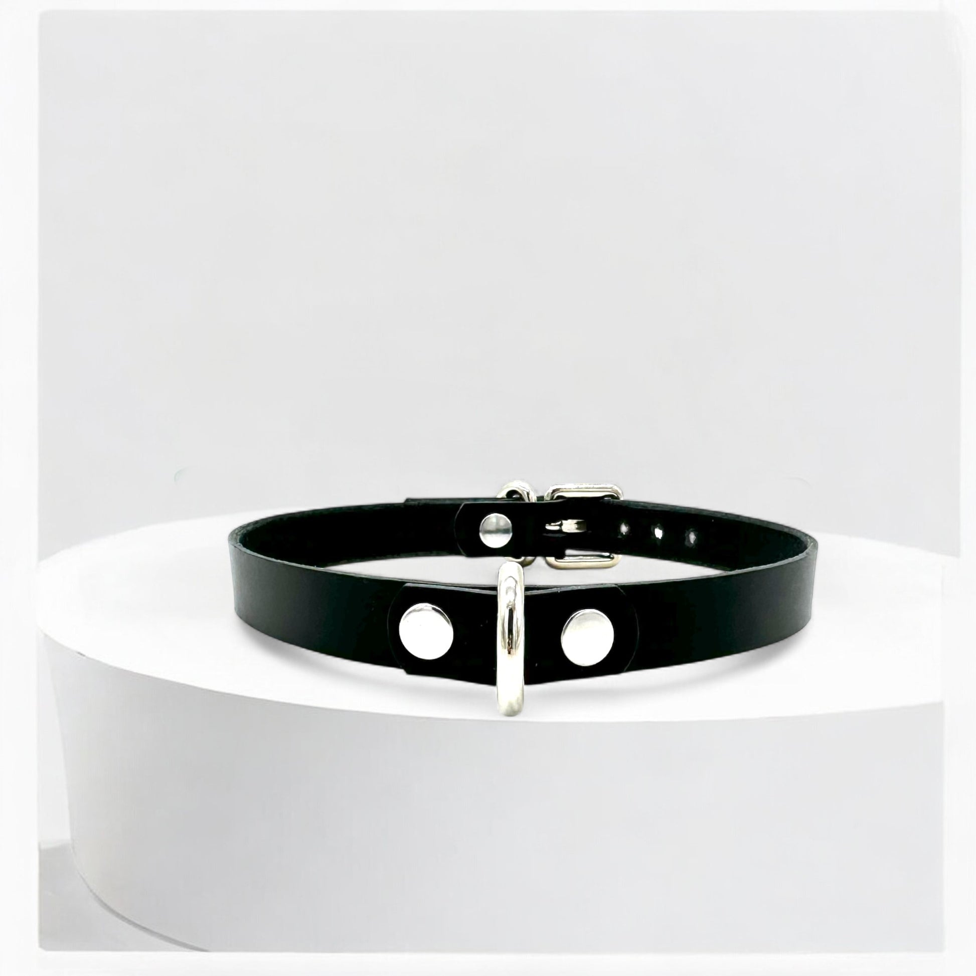 Black Mini D-Ring Leather Choker with silver hardware, handmade in USA