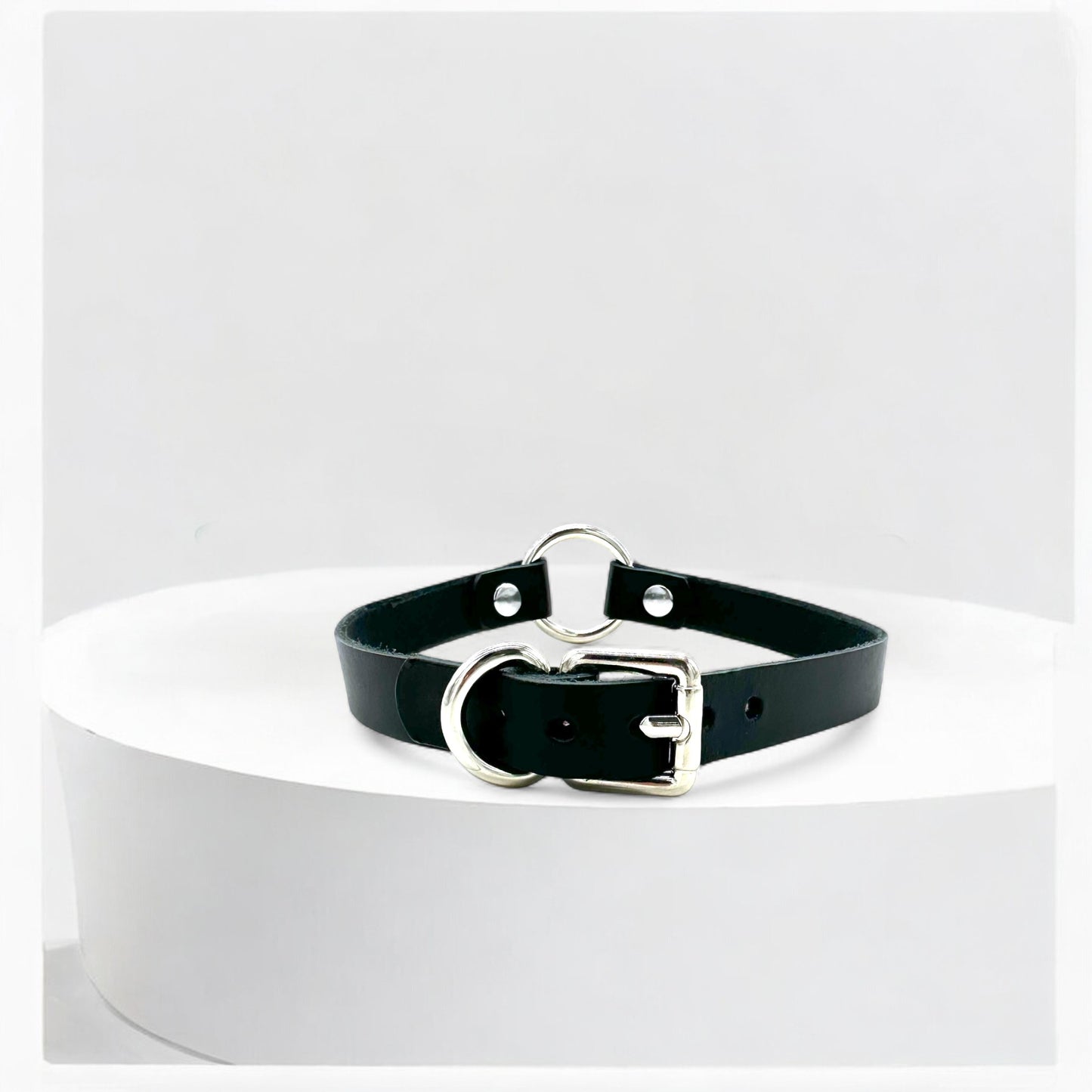 Black O-Ring leather choker with silver buckle strap