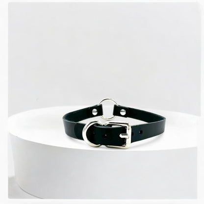 Black O-Ring leather choker with silver buckle strap
