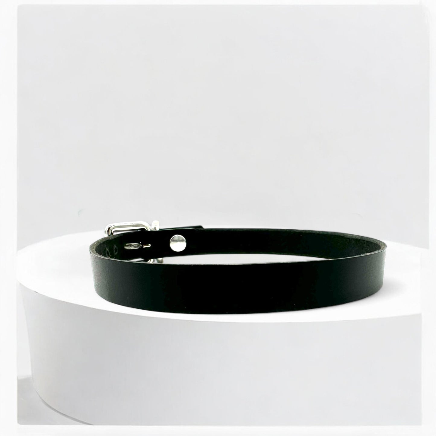 Close-up black leather buckle choker silver hardware detail