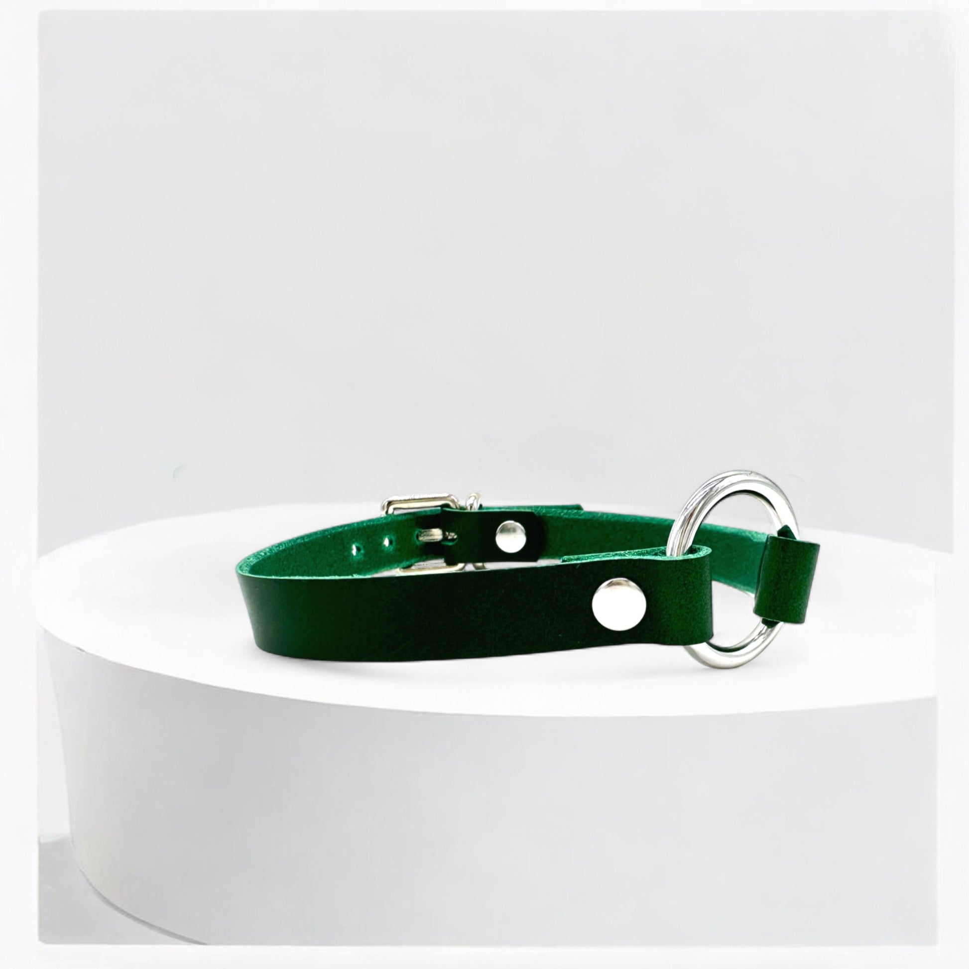 Close-up green leather O-Ring choker with silver ring detail