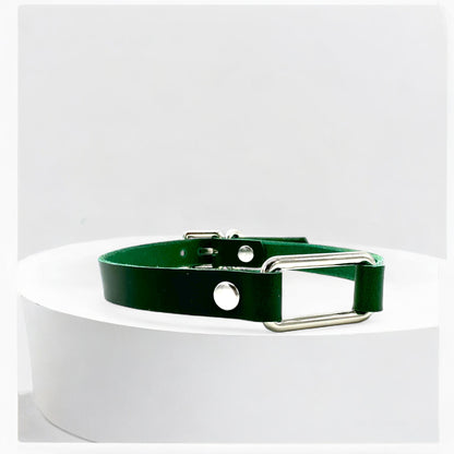 Close-up green leather rectangle-link choker with silver link detail
