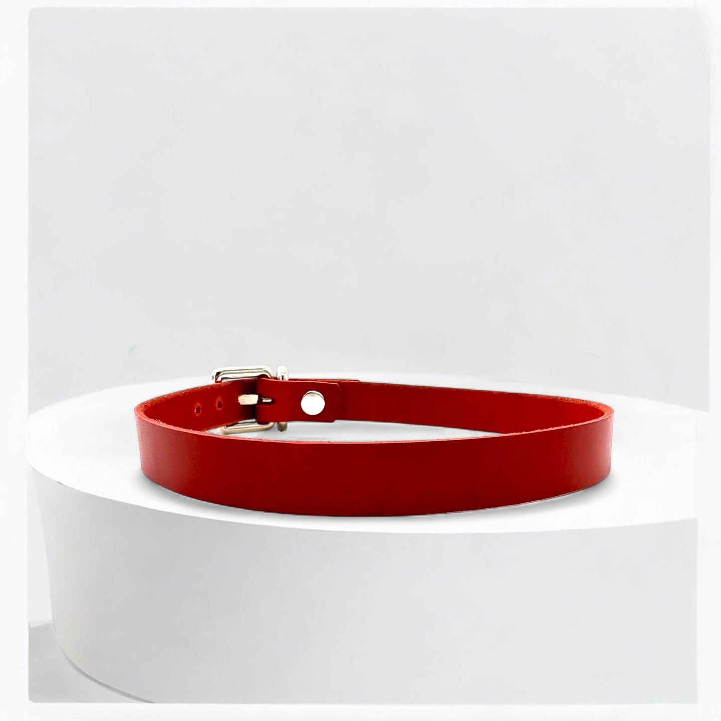 Close-up red classic buckle choker with silver hardware detail