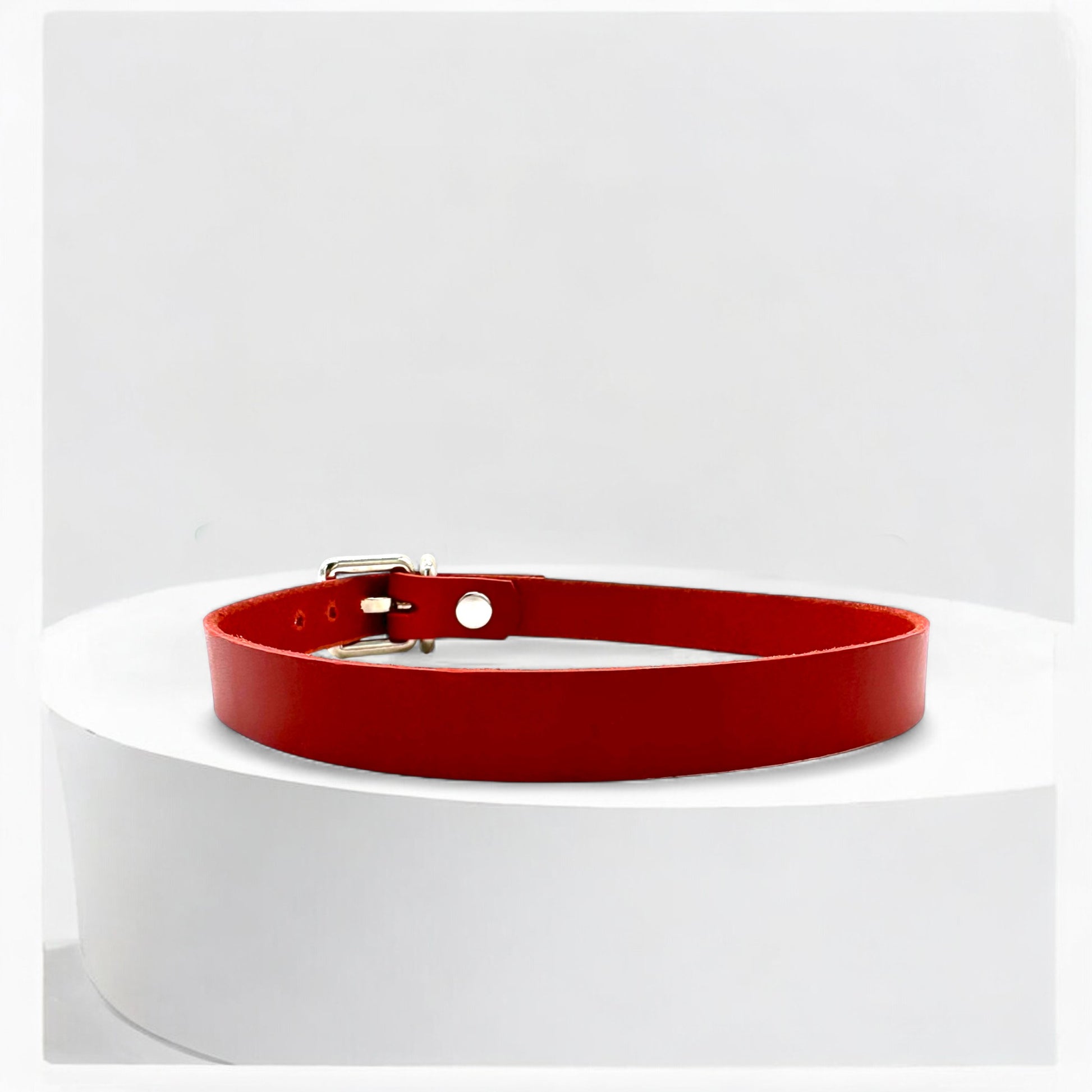 Close-up red classic buckle choker with silver hardware detail
