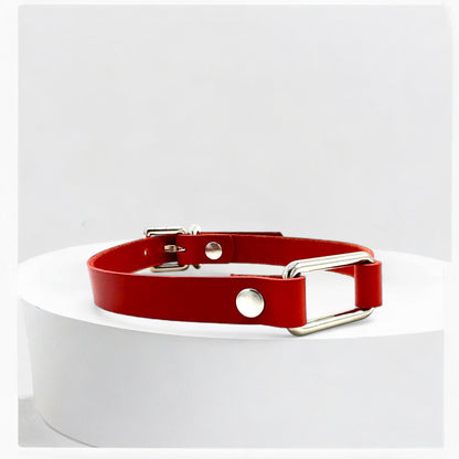 Close-up red rectangle-link leather choker with silver link detail