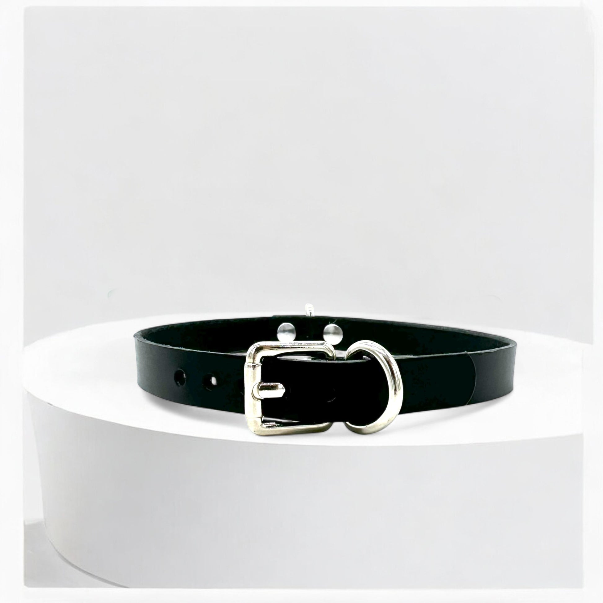 Flat lay of black Mini D-Ring Leather Choker on white background with silver buckle