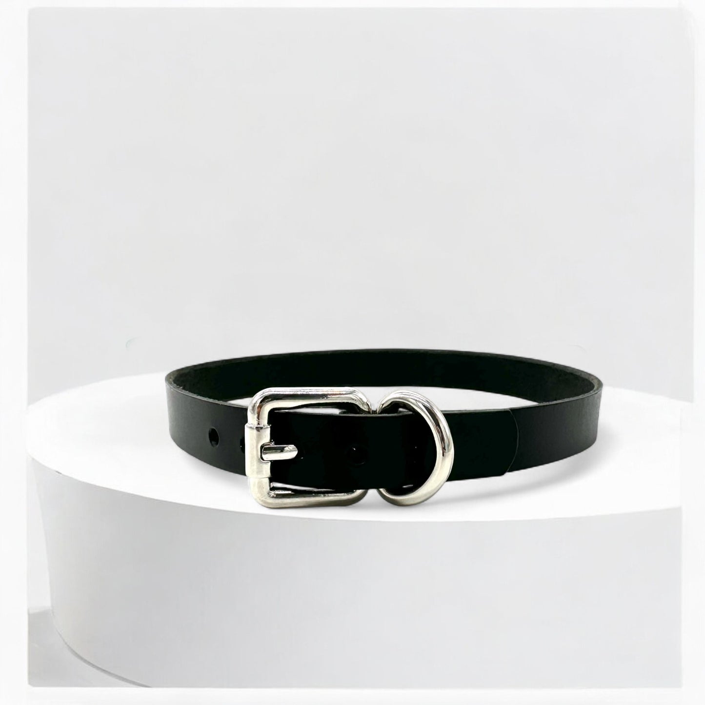 Flatlay black classic buckle leather choker with gold hardware