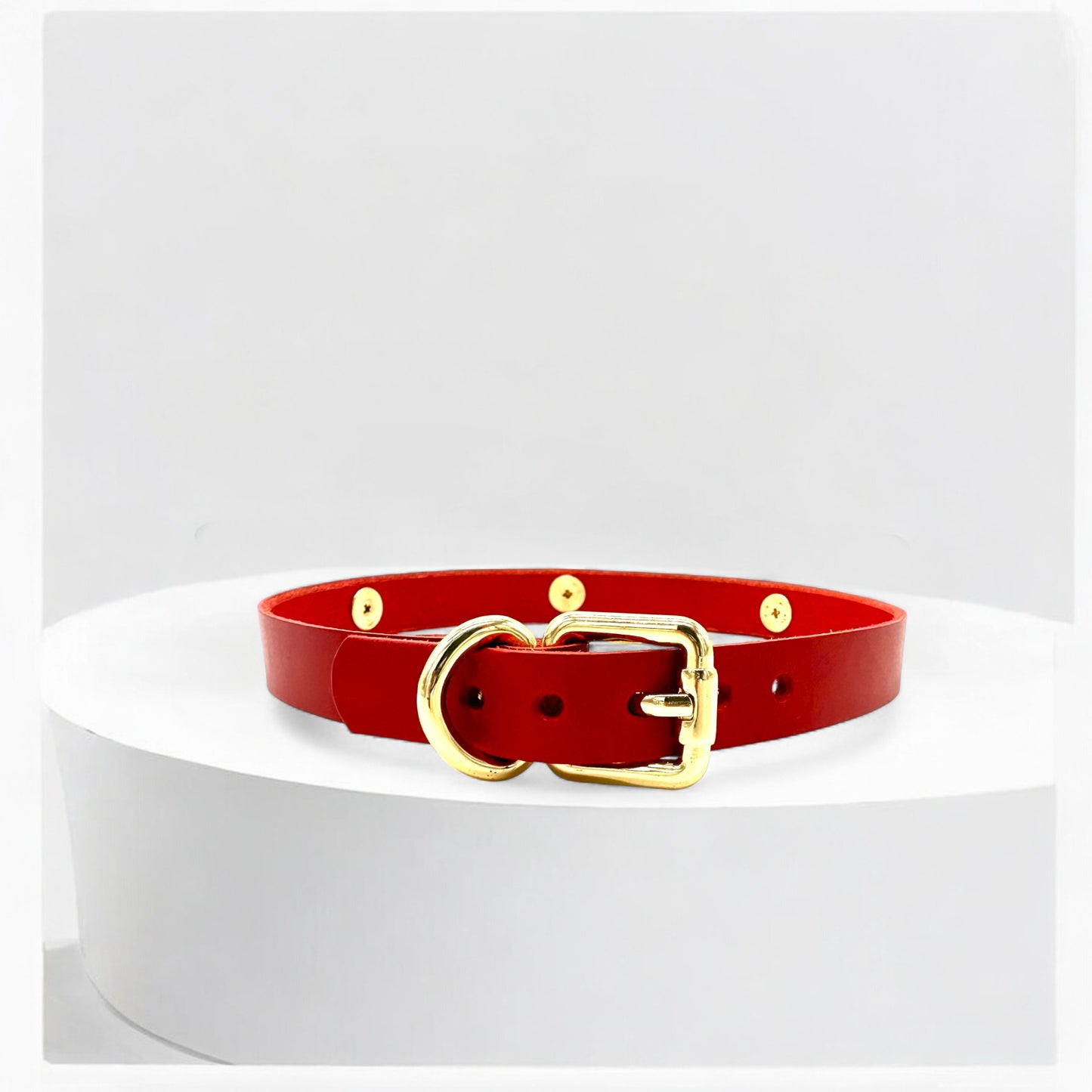 Flatlay red triple O-Link choker with gold hardware