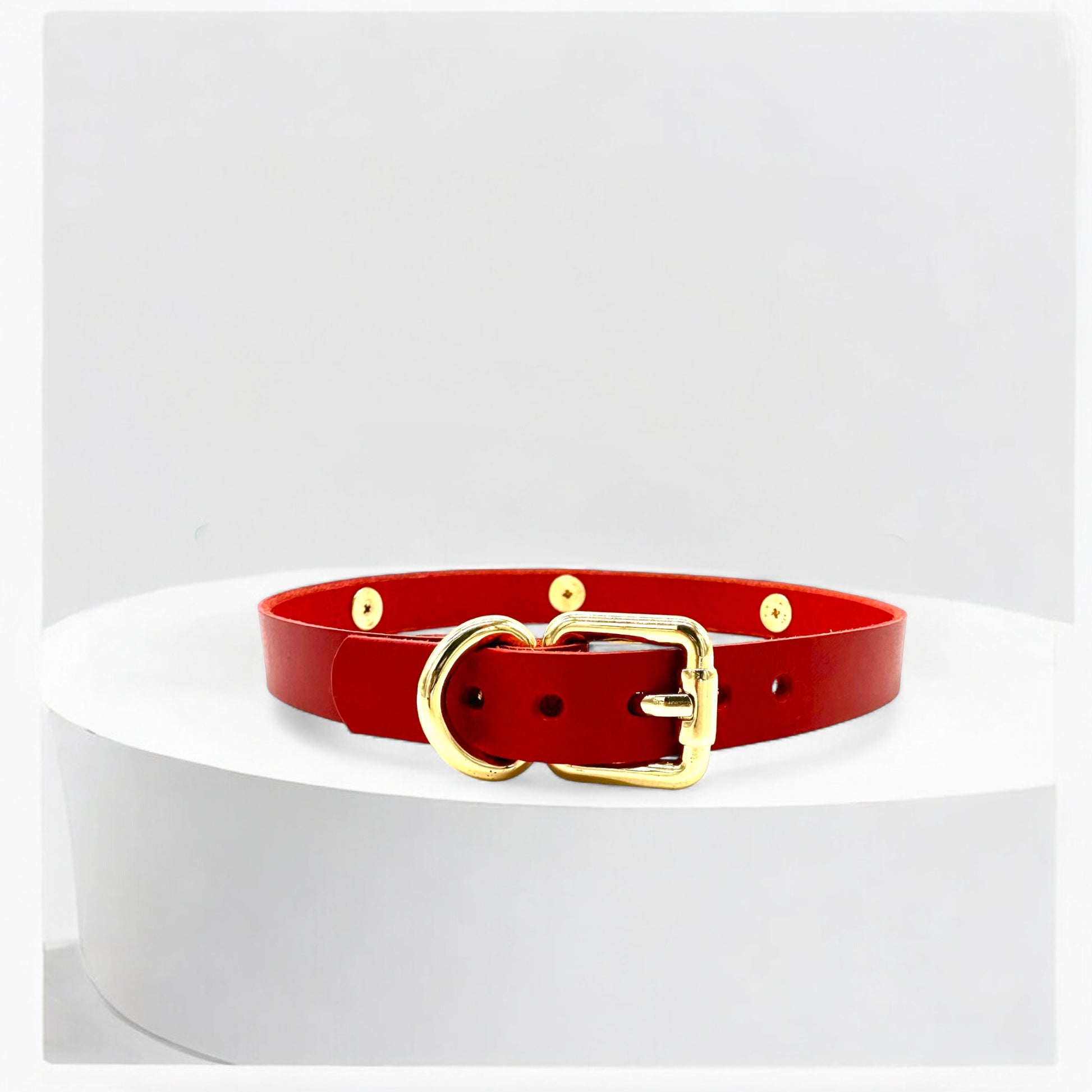 Flatlay red triple O-Link choker with gold hardware