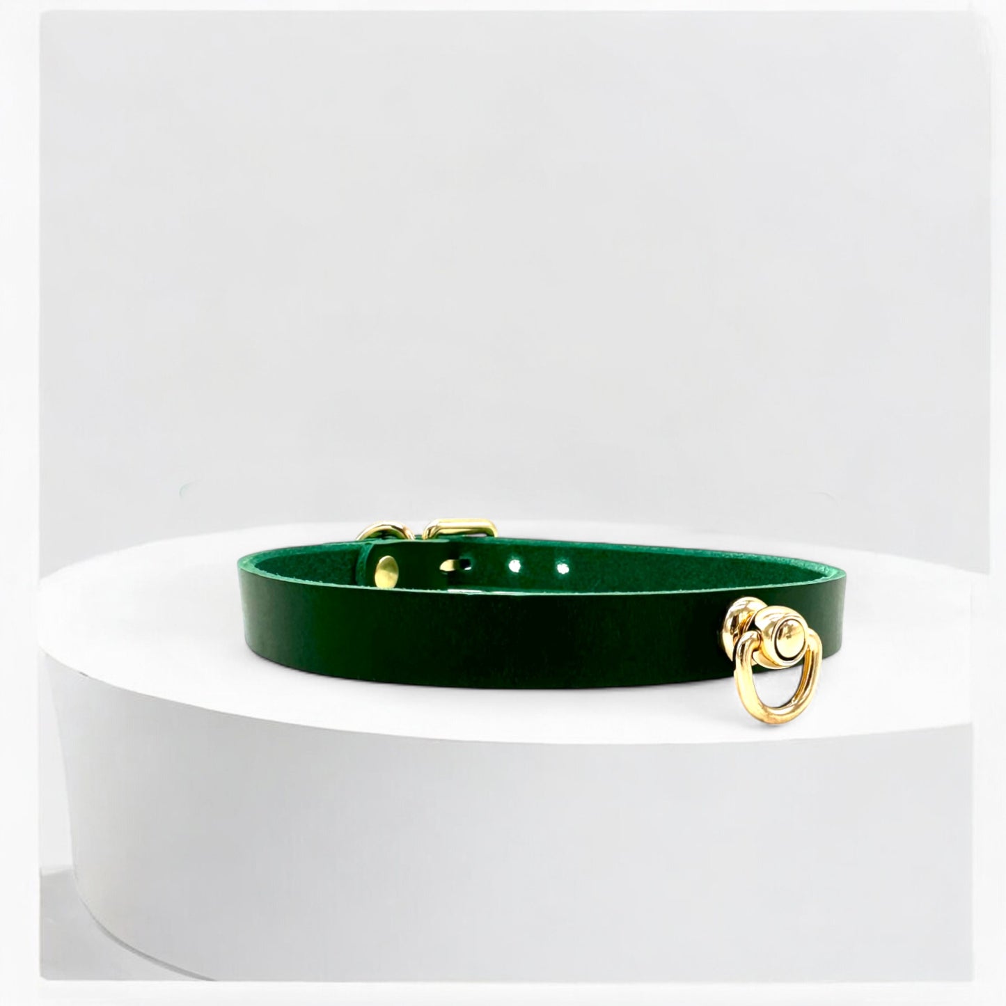 Green leather middle O-Link choker featuring gold clasp detail