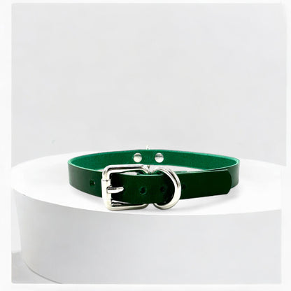 Flat lay of green Mini D-Ring Leather Choker on white background