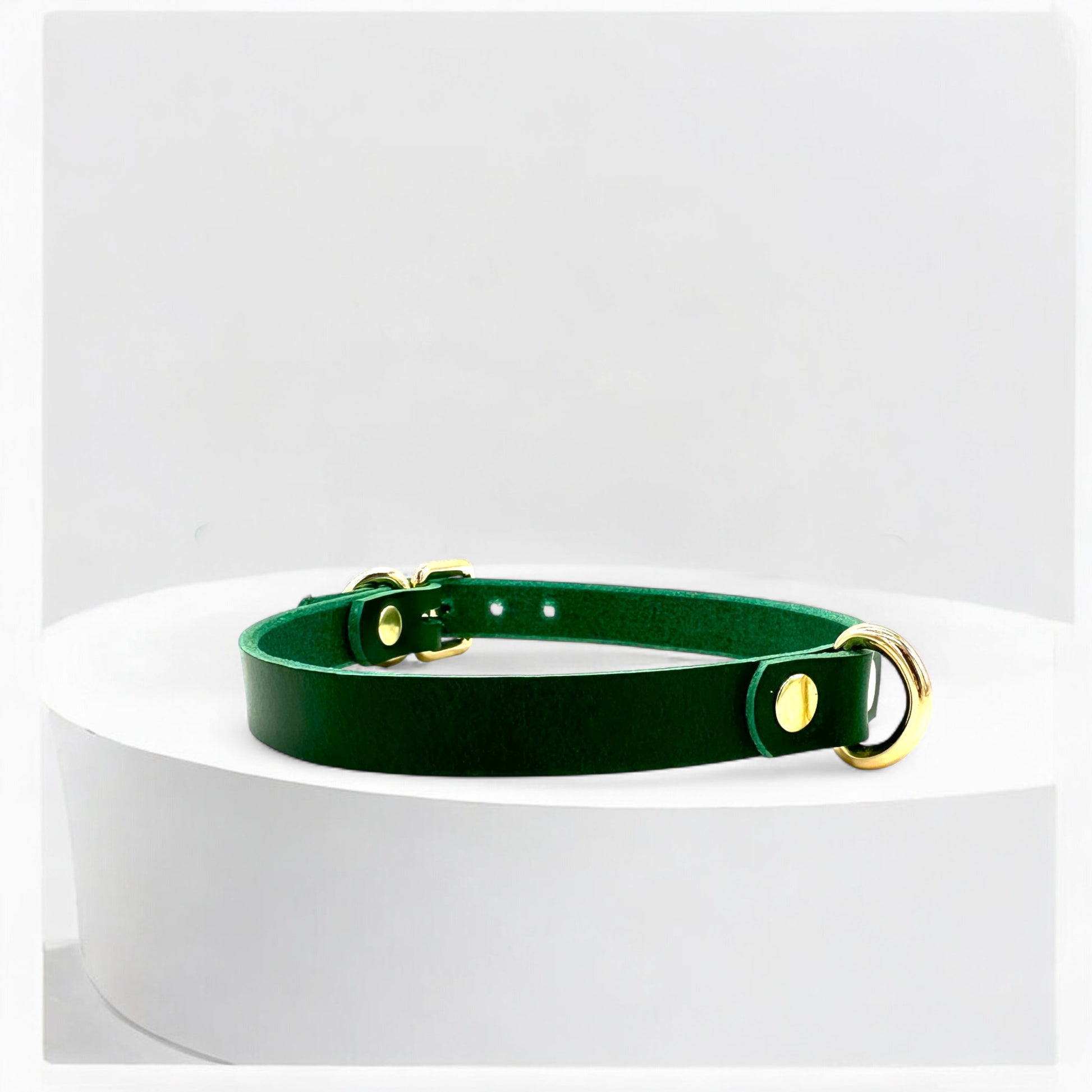 Side view of green gold Mini D-Ring Leather Choker showing slim profile