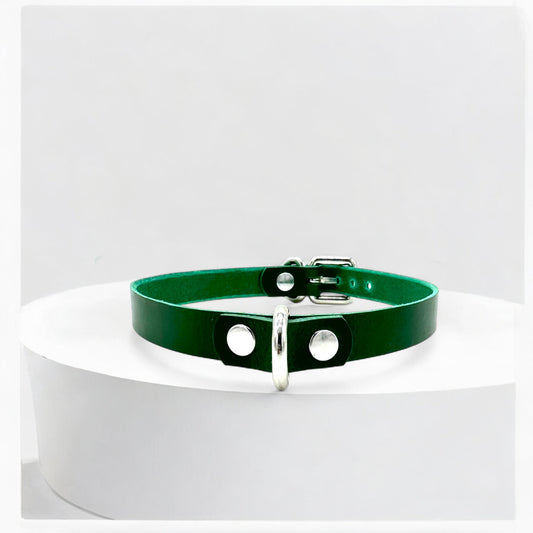 Green Mini D-Ring Leather Choker with silver hardware, handmade in USA