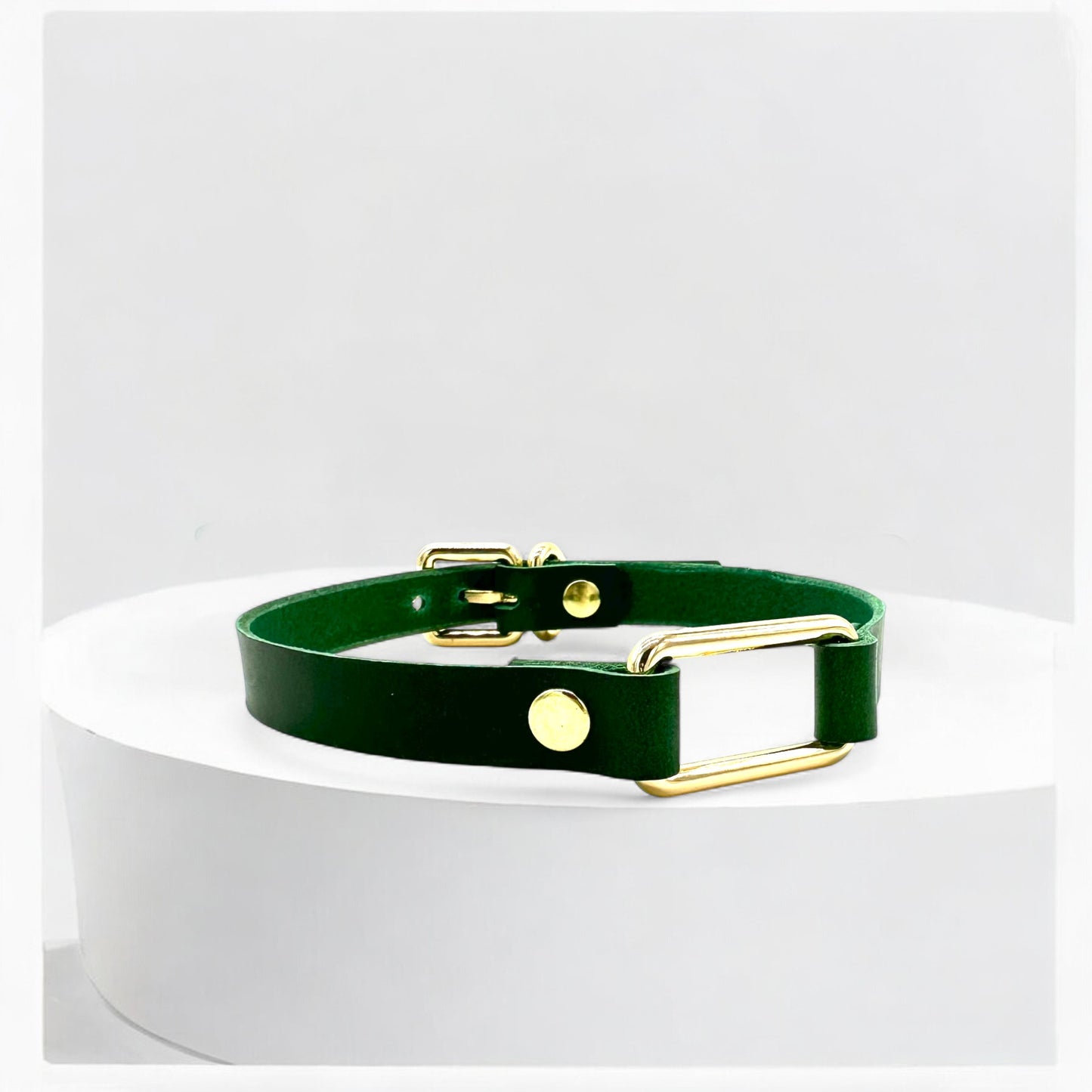 Side view green leather rectangle-link choker with gold hardware