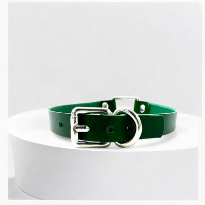 Green leather rectangle-link choker with silver buckle strap
