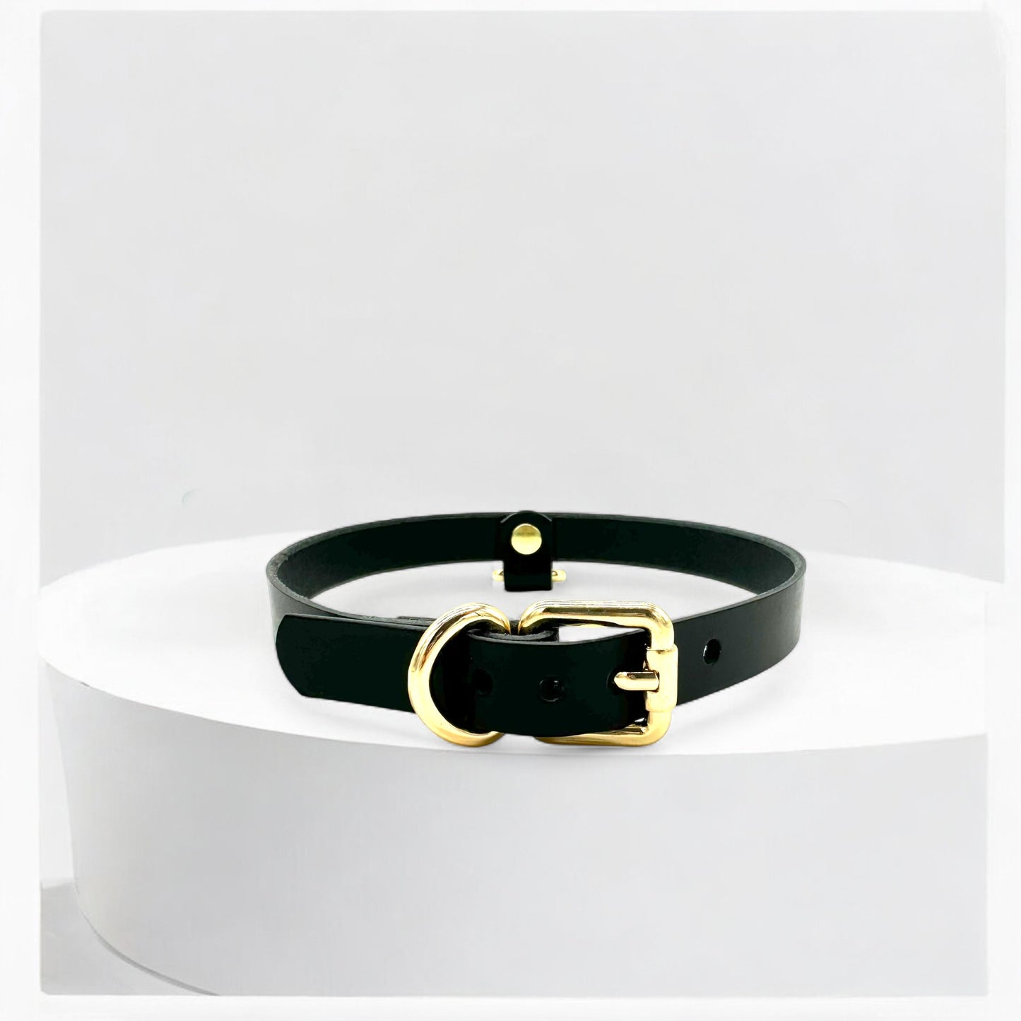 Model wearing black Drop Mini D-Ring Leather Choker, silver finish