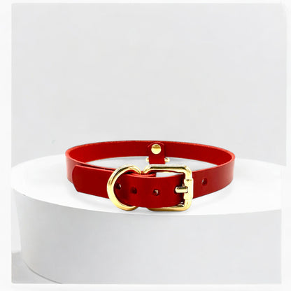 Model wearing red Italian leather Drop Mini D-Ring Choker, silver finish