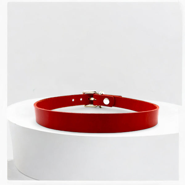 Red Italian Buttero leather classic buckle choker with silver hardware